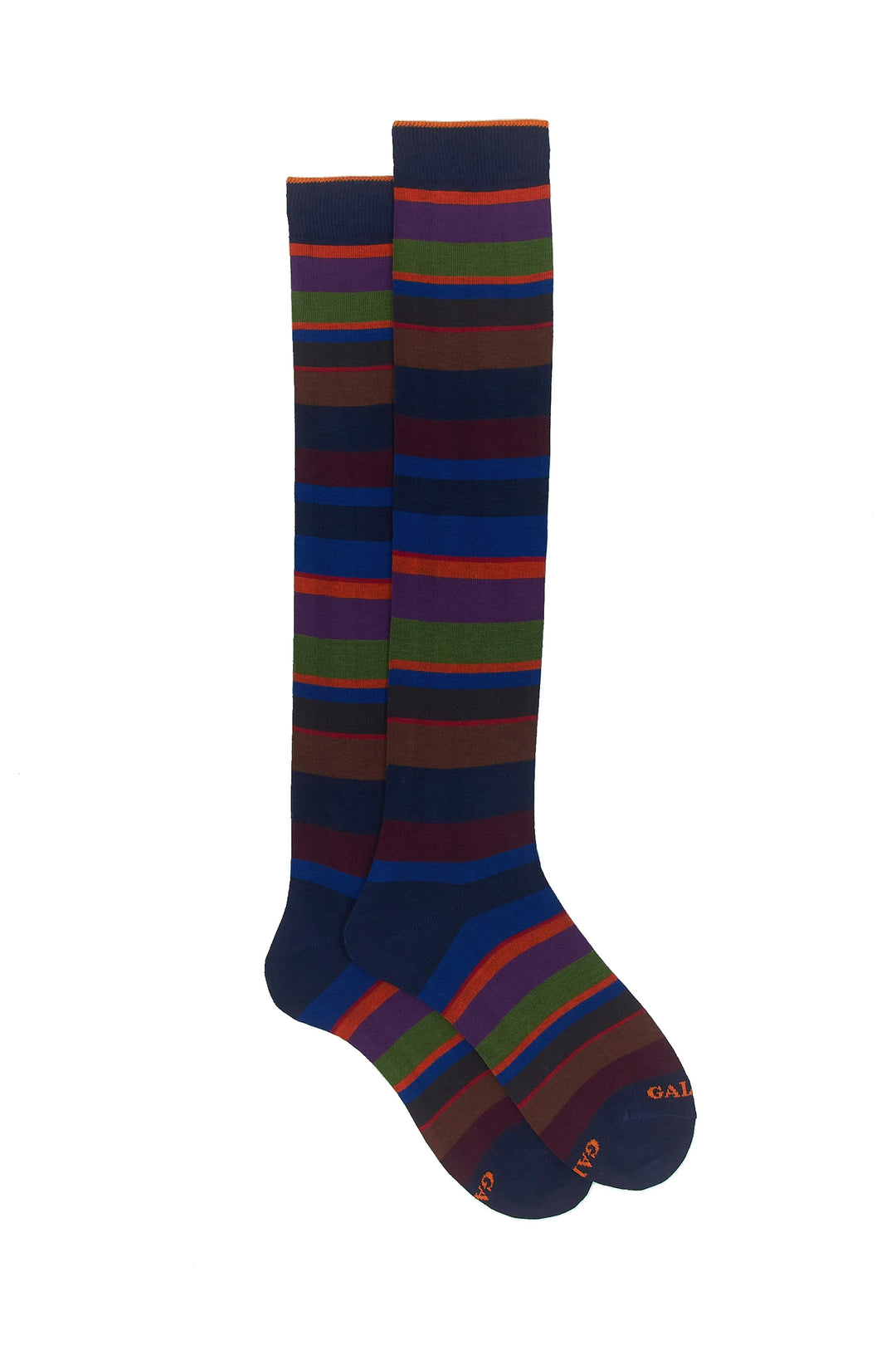 Chaussettes longues en coton bleu roi et carmin rayées multicolores