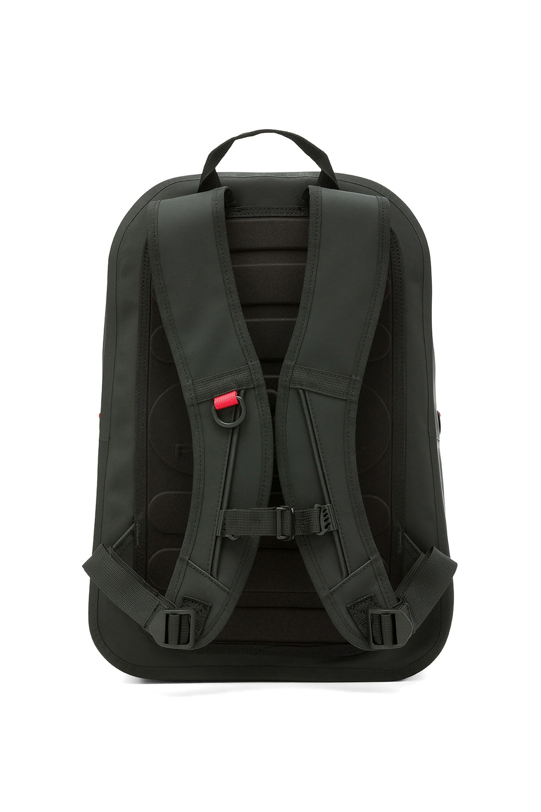 Compact black backpack with front pocket