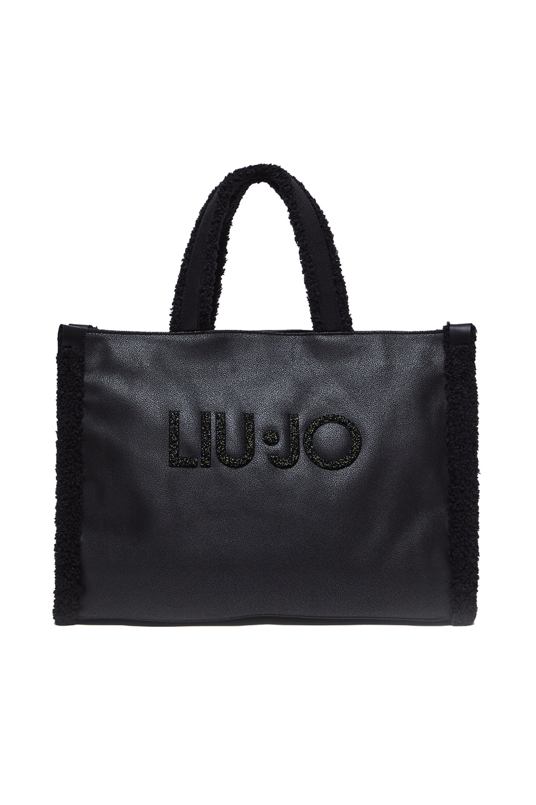 LIU JO Shopping bag nera in tessuto spalmato e dettagli in teddy - Mancinelli 1954