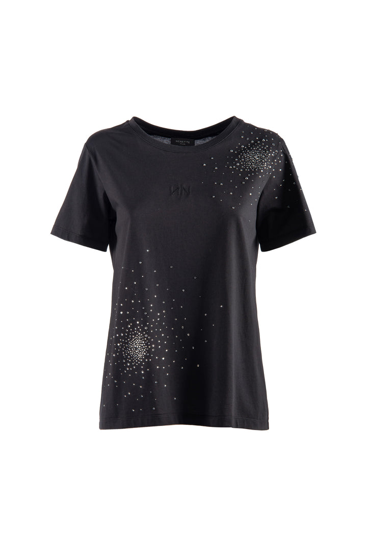 NENETTE T-shirt “Daje” nera in cotone con logo e strass - Mancinelli 1954