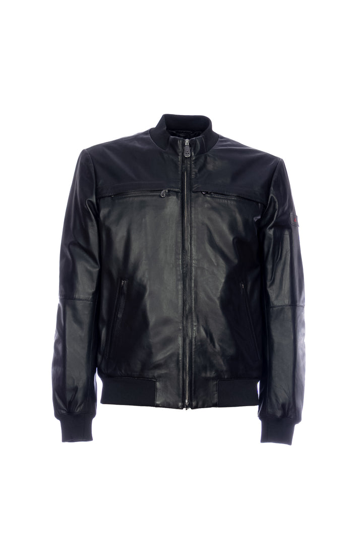 PEUTEREY Giacca biker nera in pelle nappata con polsini in maglia - Mancinelli 1954