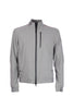 Gray packable bomber jacket in bi-stretch knit fabric