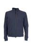 Navy blue packable bomber jacket in bi-stretch knit fabric