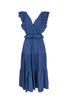 Robe midi bleu air force en coton avec volants et boucles