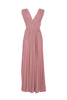 Long pink sleeveless dress with crossover neckline