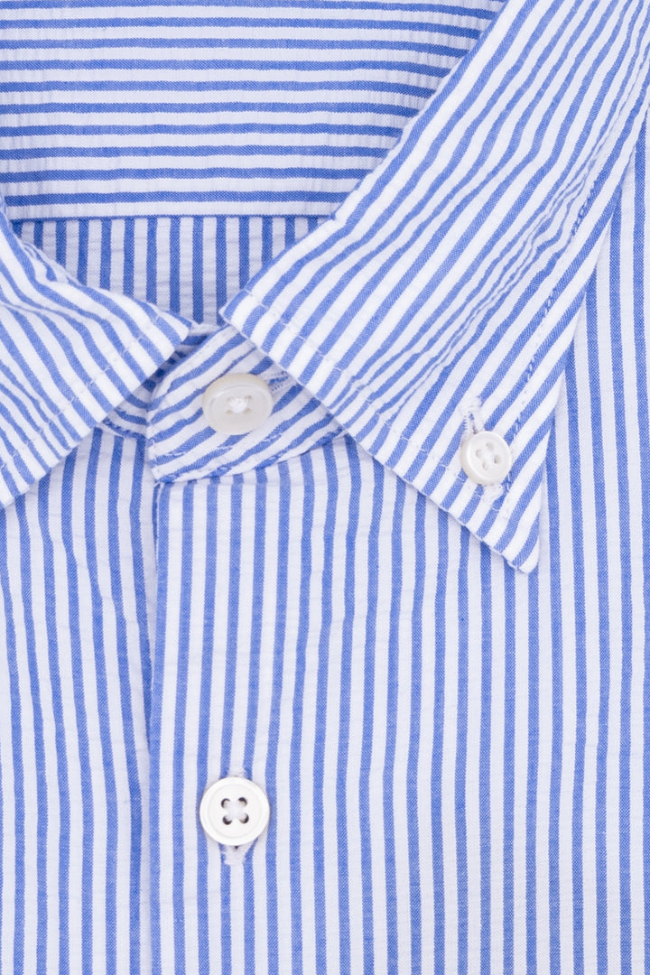 Light blue striped button-down shirt in seersucker cotton