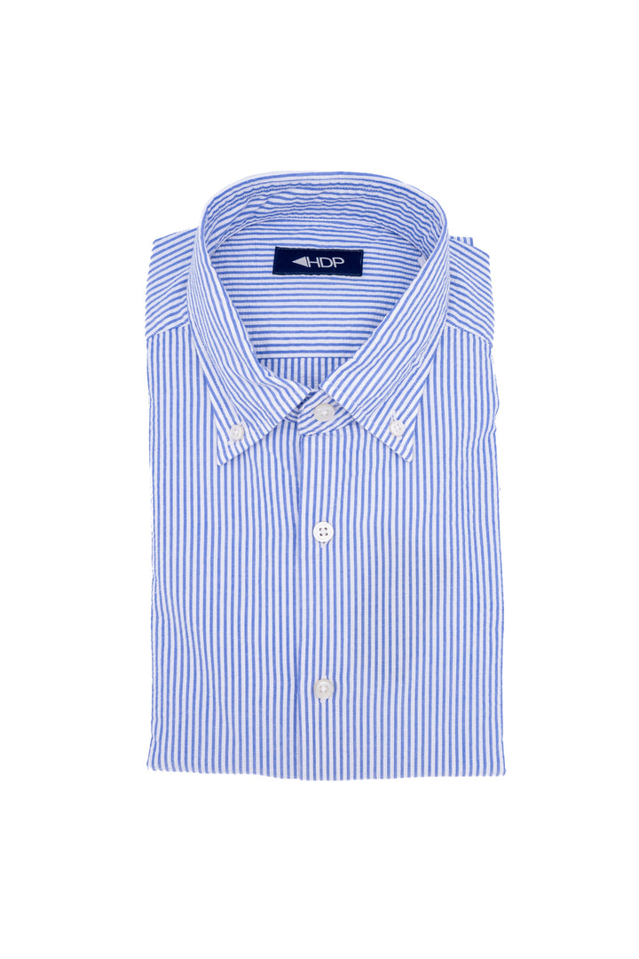 Light blue striped button-down shirt in seersucker cotton