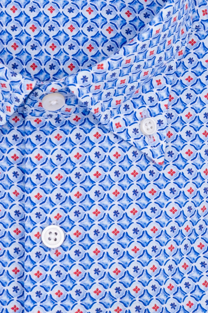 HDP Camicia slim button down azzurra in cotone lavato con stampa geometrica - Mancinelli 1954