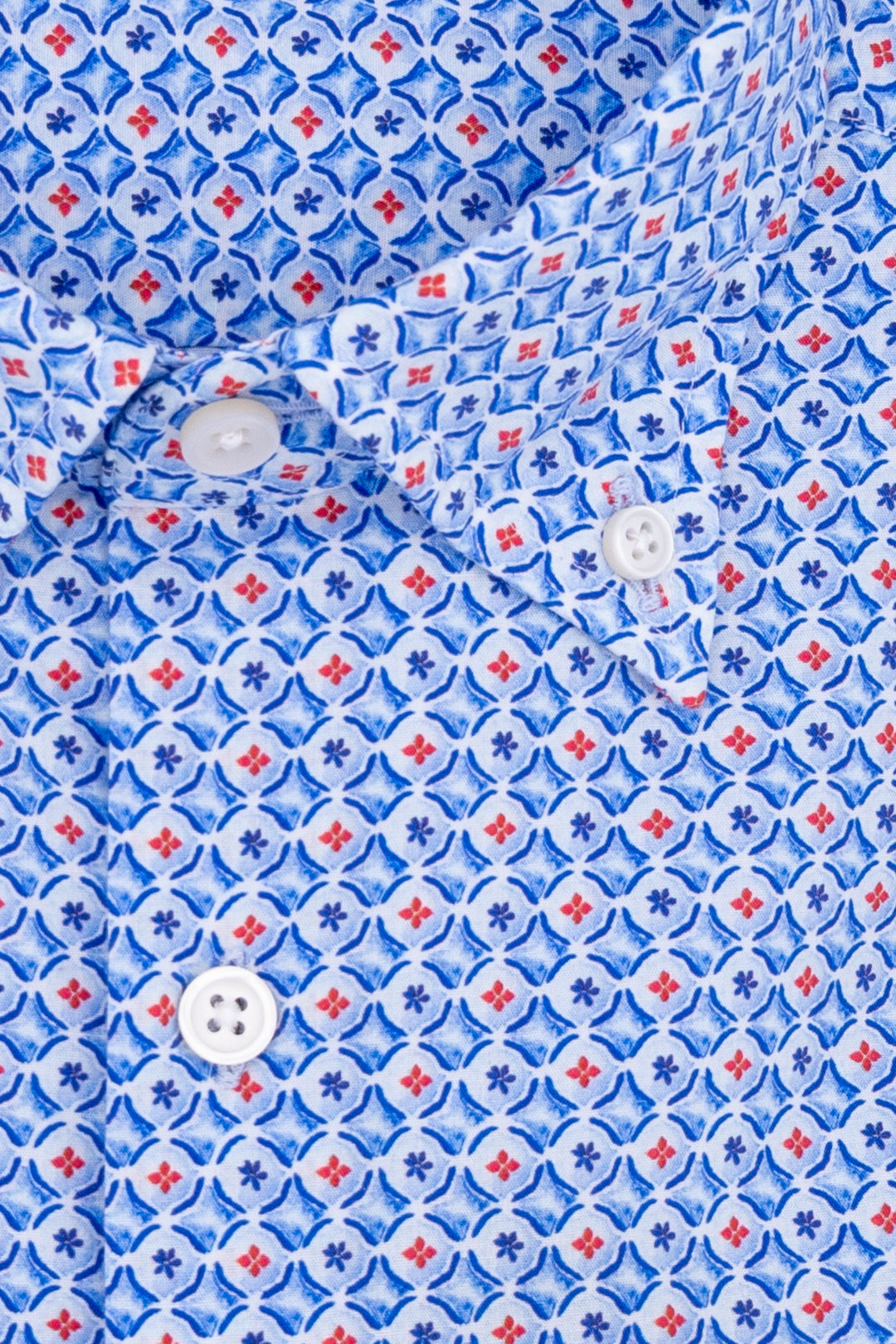 Slim light blue button-down shirt in washed cotton with geometric print