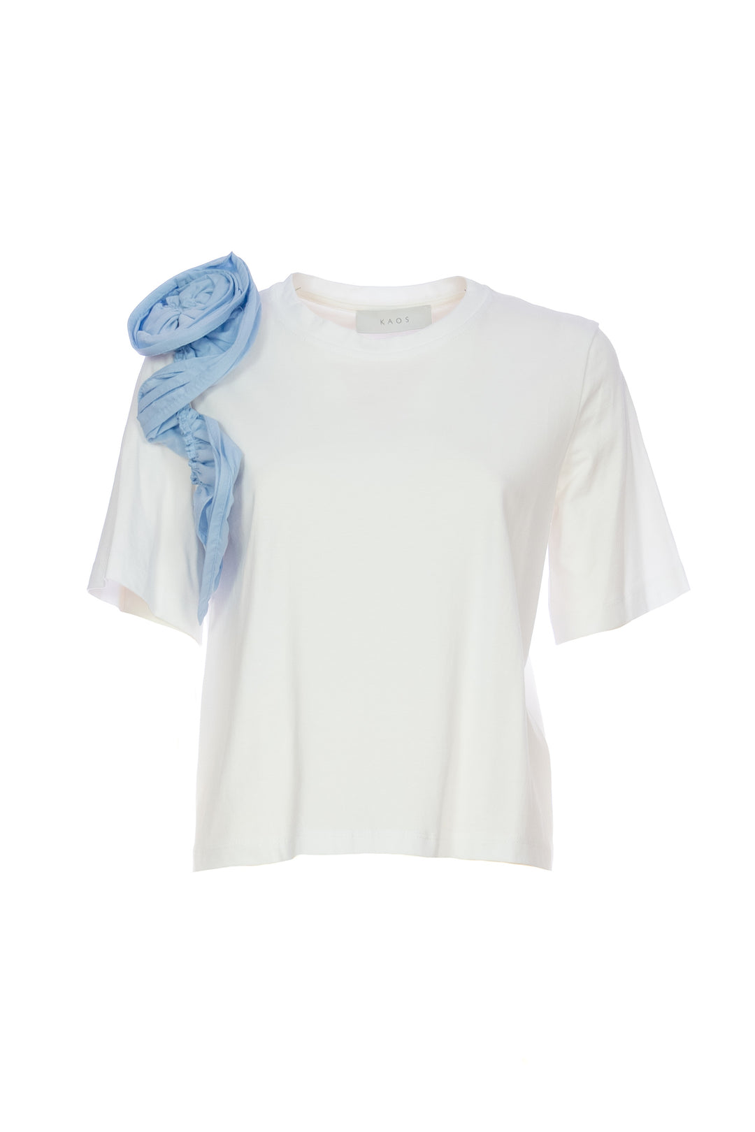 KAOS T-shirt bianca in cotone con volant azzurro - Mancinelli 1954