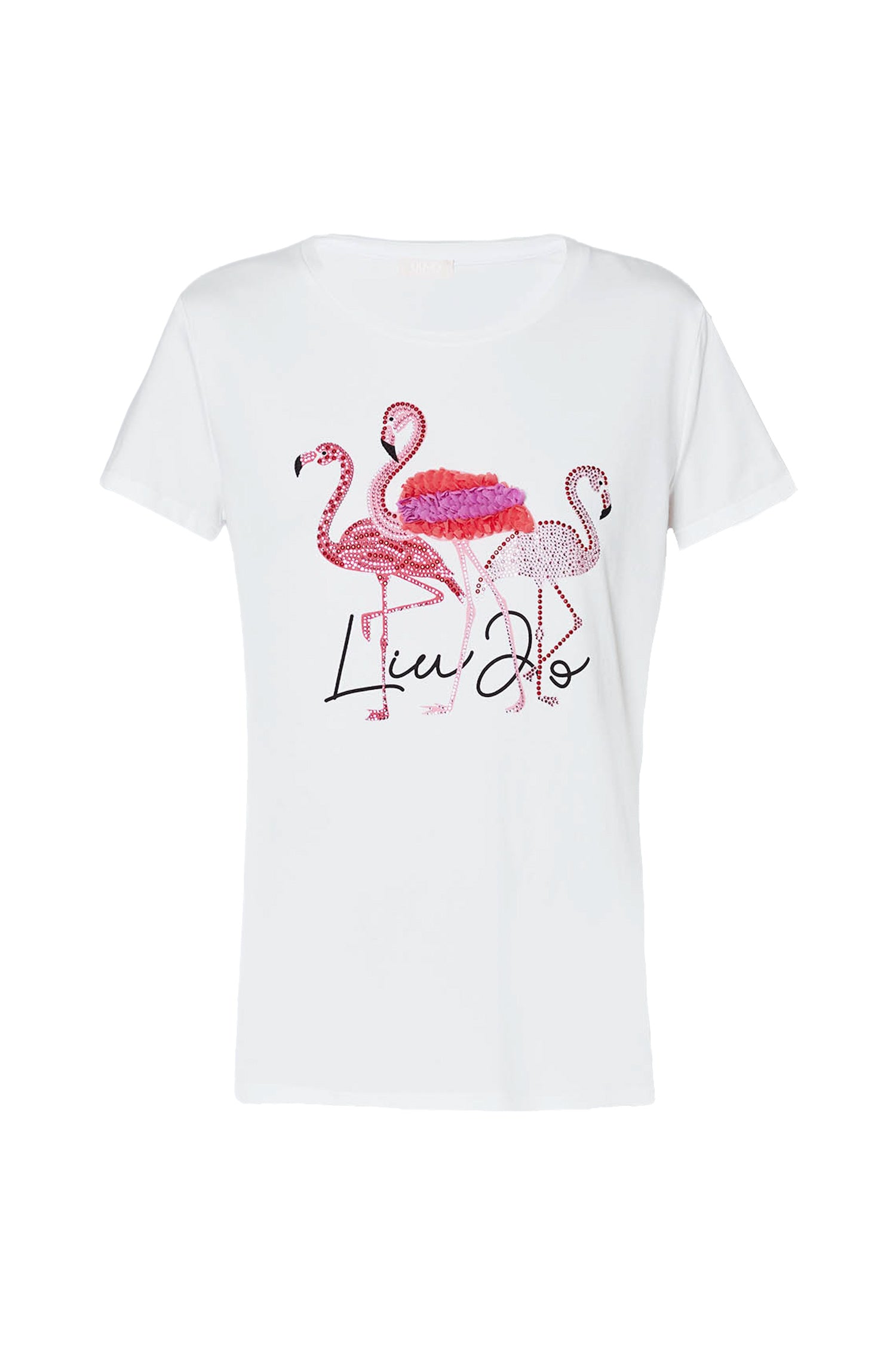 LIU JO T shirt bianca in cotone stretch con stampa fenicottero e applicazioni MA4336J5003 Mancinelli 1954