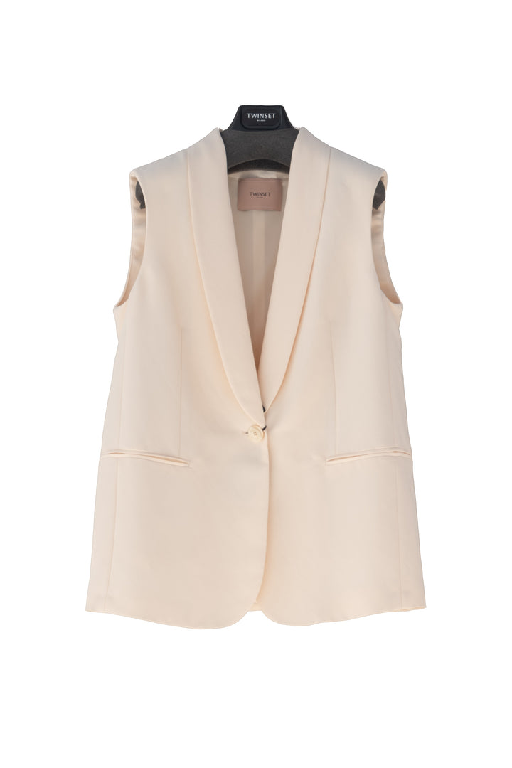 TWINSET Gilet beige parchment in misto lino con revers a scialle - Mancinelli 1954