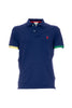 Polo blu in cotone stretch con logo ricamato e maniche multicolor