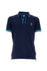 Polo blu navy in cotone stretch con logo ricamato e maniche multicolor