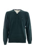 Dark green sweater in wool with V-neck and contrasts