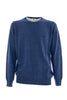 Blue crew neck sweater in wool with contrasts