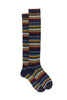 Long socks in cotton and cashmere navy blue with micro multicolor stripes