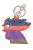 Unisex rooster's head keychain in royal blue leather with multicolor stripes