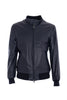 Blouson biker en cuir bleu avec poignets en jersey