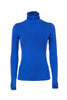 Top slim bluette in jersey stretch con collo alto con rouches