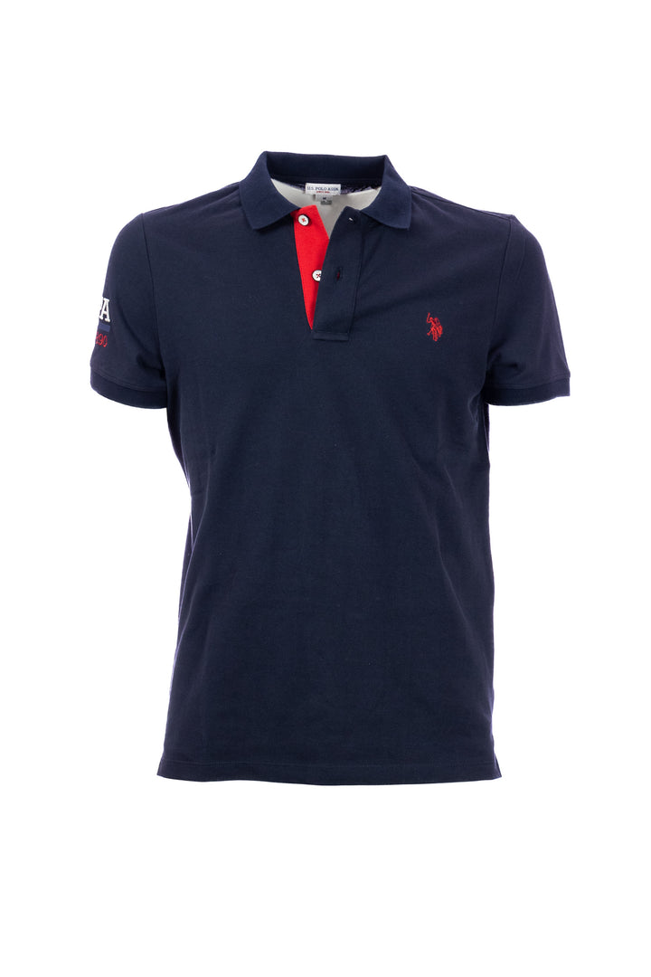 U.S. POLO ASSN. Polo blu navy in cotone con logo ricamato sul petto e colletto fantasia - Mancinelli 1954