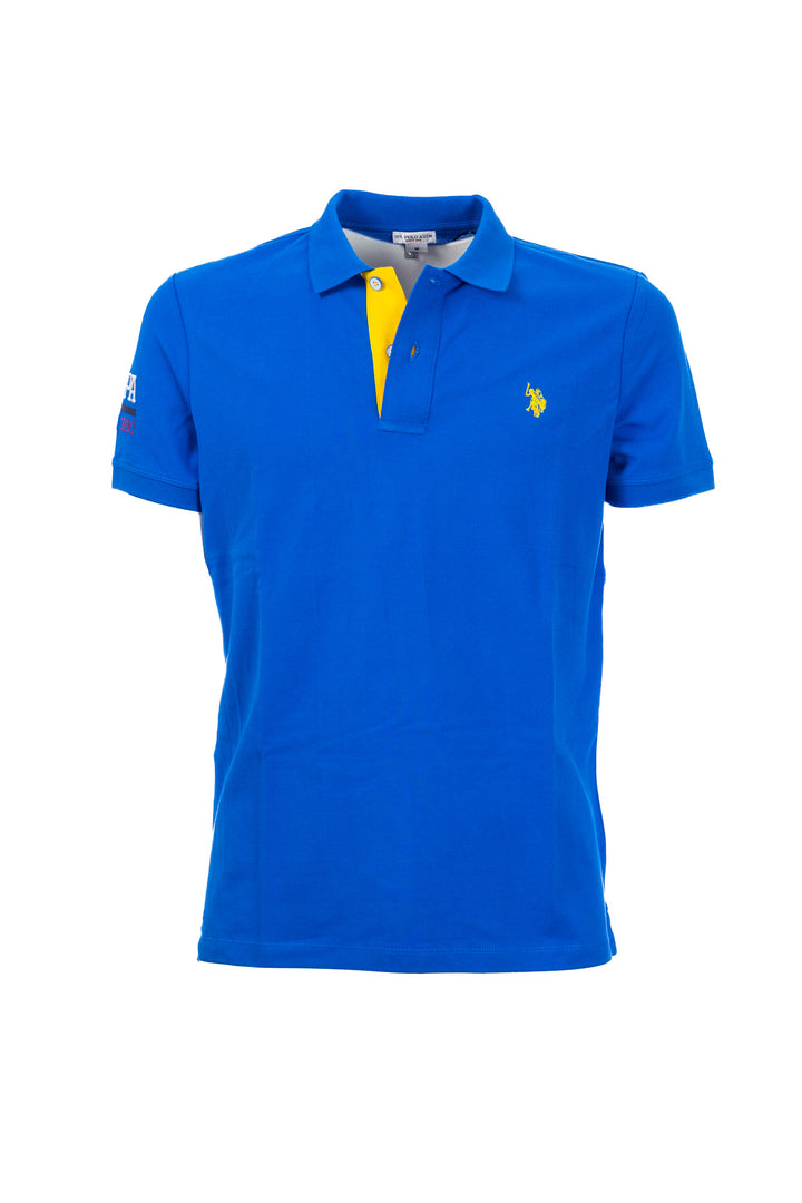 U.S. POLO ASSN. Polo blu in cotone con logo ricamato sul petto e colletto fantasia - Mancinelli 1954